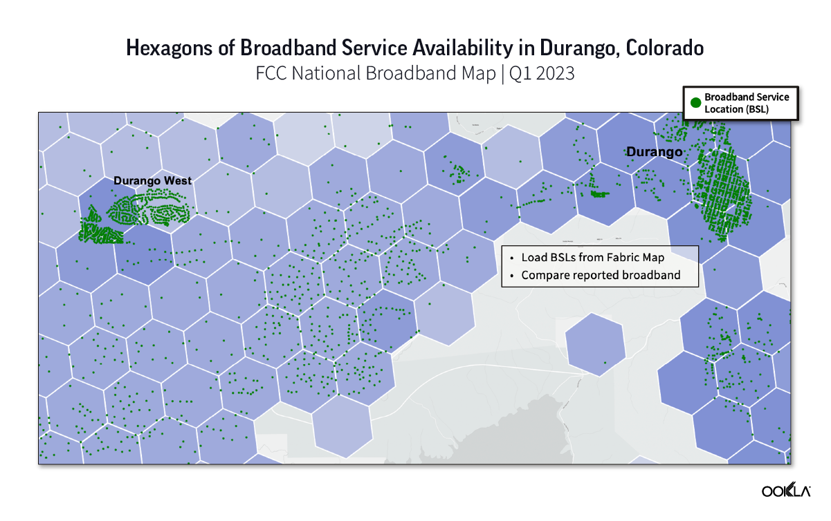 Map of Hexagons of Broadband Service Availability in Durango, Colorado