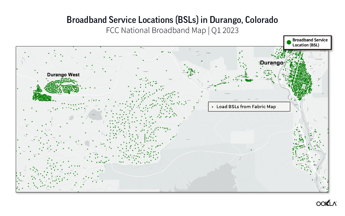 Map of Broadband Service Locations (BSLs) in Durango, Colorado