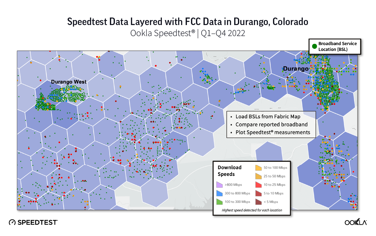 Map of Speedtest Data Layered with FCC Data in Durango, Colorado