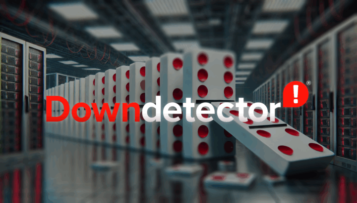 downdetector logo over large dominos falling in a server room